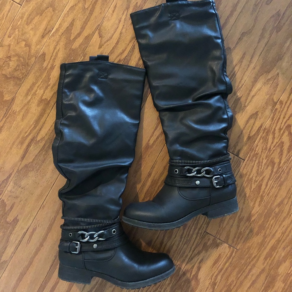 Black faux leather knee high boots!